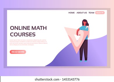 School web page concepts. Web page design template of girl with giant triangular ruler.Online math courses. Modern vector illustration designs for website development.