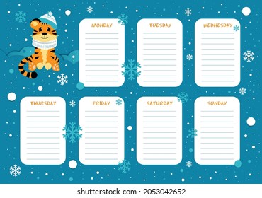 School weekly and daily planner with cute little tiger in colorful winter design. Flat vector illustration of a schedule pages.