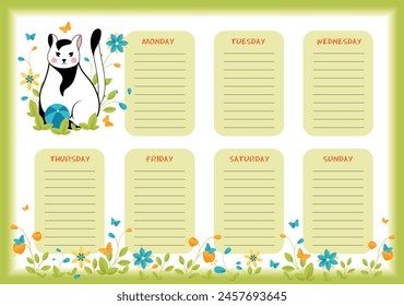 School weekly and daily planner with cute little white and black cat in colorful spring and summer design.