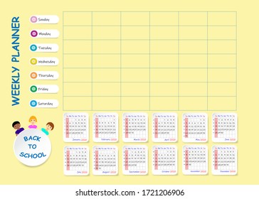 School Weekly Planner With Calendar For 2020 On Yellow Background.  Week Starts On Sunday.