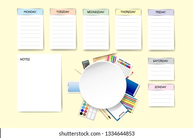 School weekly planner with free place for your notes on light yellow background. 