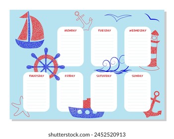 School weekly planner with hand drawn anchor, ship, sailboat, hand wheel, helm in childrens naive style.