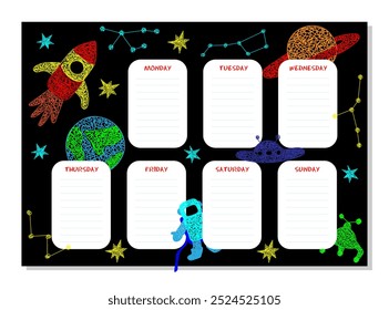 School weekly planner with hand drawn stars, flying sauer, planet, mars rover, rocket, earth planet,constellations on black background in childrens naive style.