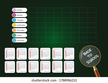 School weekly planner showing clear calendar for 2021 year. All is on the green chalkboard background.