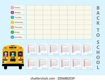 School weekly planner showing clear calendar for 2022 year and school bus carrying children of different races and genders