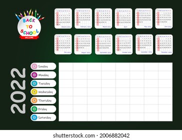School weekly planner showing clear calendar for 2022 year. Week starts on Sunday. All is on the green chalkboard background.