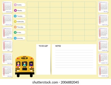 School weekly planner showing clear calendar for 2022 year and blank sheet for notes. Week starts on Sunsay. All on the yellow background.