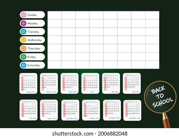 School weekly planner showing clear calendar for 2022 year. Week starts on Sunday. All is on the green chalkboard background.