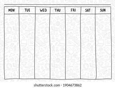 School weekly planner sketch black and white line with supplies Doodle style hand drawn vector illustration