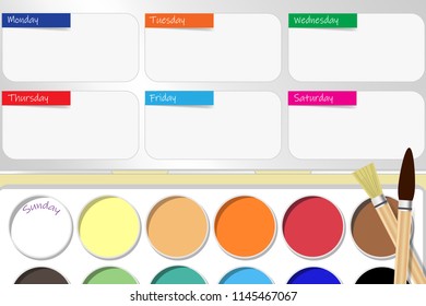 School weekly planner of watercolor box with a place for your notes in box cover. Each day is marked with a horizontal color label.