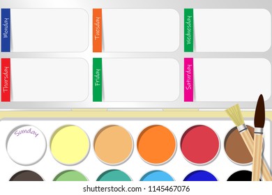 School weekly planner of watercolor box with a place for your notes in box cover. Each day is marked with a vertical color label.