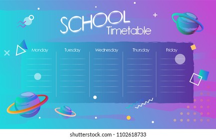 School weekly timetable with colorful school equipment
