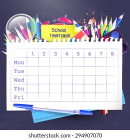 School weekly timetable with colorful school equipment