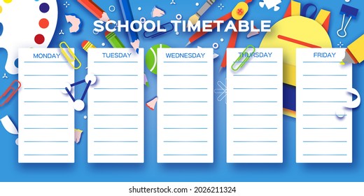 School Weekly Timetable. School Equipment On Every Day. Kids Schedule, Weekly Curriculum Template, School Start, Schoolchild, 1 2 3 Class, Blue Vector