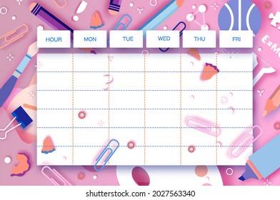 School Weekly Timetable. School Equipment On Every Day. Kids Schedule, Weekly Curriculum Template, School Start, Schoolchild, 1 2 3 Class, Pink Vector
