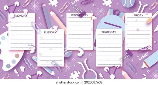 School Weekly Timetable. School Equipment on every day. Kids Schedule, Weekly Curriculum Template, School start, Schoolchild, 1 2 3 class, Purple Vector