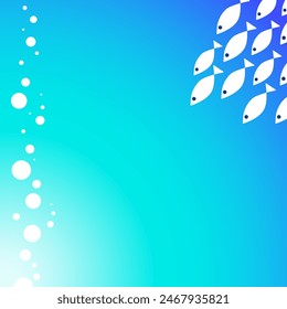 A school of white fish looks curiously at the bottom of the sea. Gradient background. Vector illustration for poster, card, invitation. Copy space.