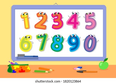 School Whiteboard With Cute Cartoon Numbers, Vector Illustration