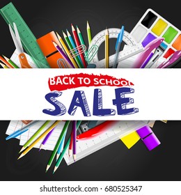 School wholesale ad background with chalkboard and supplies, Stationery equipment Vector realistic illustration for advertising and design