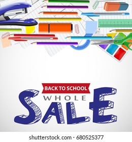 School wholesale ad background with chalkboard and supplies, Stationery equipment Vector realistic illustration for advertising and design