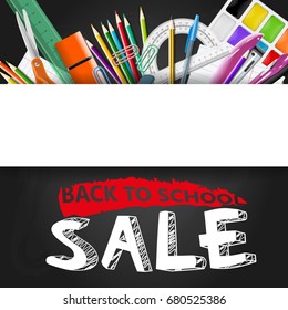 School wholesale ad background with chalkboard and supplies, Stationery equipment Vector realistic illustration for advertising and design