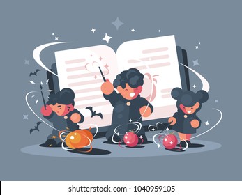 School of witchcraft and sorcery. Students with magic wands. Vector illustration