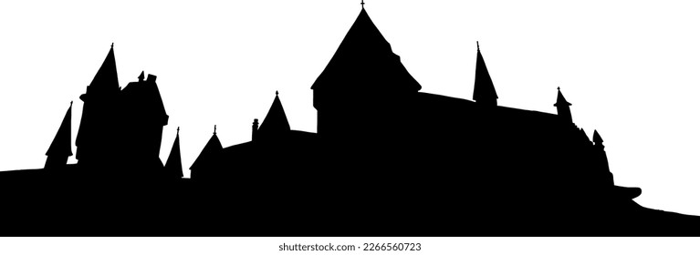 School witchcraft   wizardry  Castle and many towers  Landscape Hogwarts  Vector black   white illustration in doodle style isolated white background 