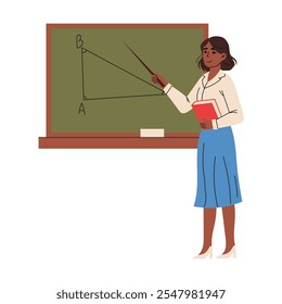 School woman teacher teaching on the black board. Hand drawn illustration.