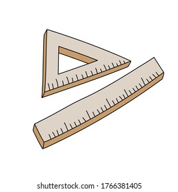 School wooden ruler and triangle.