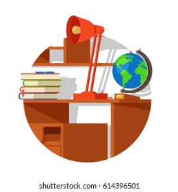 School wooden table with globe lamp books 3d flat vector illustration