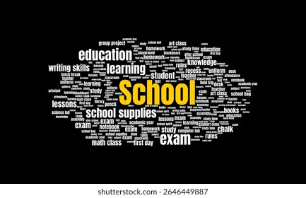 School Word Cloud with Keywords About Education, Students, Teaching, and Classroom Activities