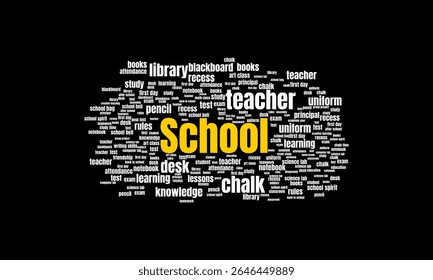 School Word Cloud with Keywords About Education, Students, Teaching, and Classroom Activities