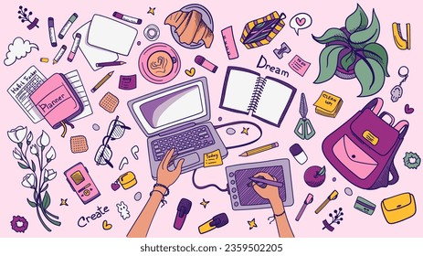 Colección de material escolar y de trabajo. Conjunto de objetos de oficina, vista superior con laptop, mochila, café, croissant, planificador, teléfono, gafas. Ilustración vectorial en estilo doodle