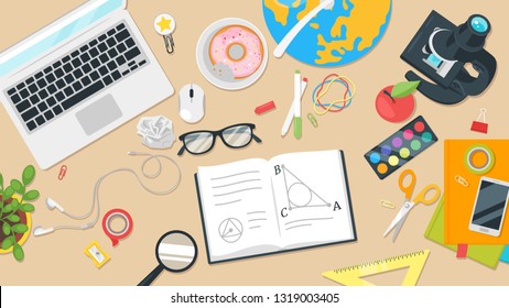 School workplace. Overhead desk top view. Vector illustration. Stationery and various education and studying things around. Back to school concept.