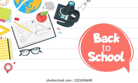 School workplace. Overhead desk top view. Vector illustration. Stationery and various education and studying things around. Back to school concept.