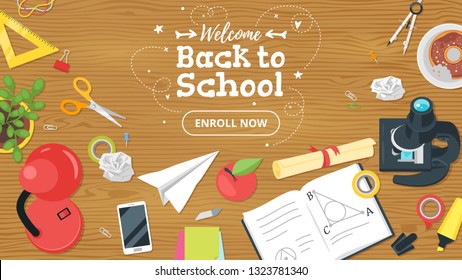 School Workplace. Overhead Desk Top View. Vector Illustration. Stationery And Various Education And Studying Things Around. Back To School Concept. Wooden Background.