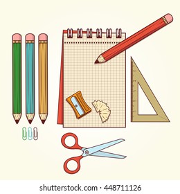 School Workplace. Pencil and pencil sharpener, note, scissors.