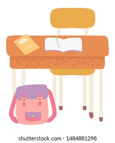 School workplace vector, isolated table with stool to sit. Textbook and opened notebook with pencil or pen, education in college. Satchel pink bag. Back to school concept. Flat cartoon