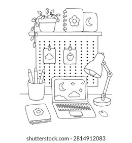 Сozy school workspace with a laptop, books, notebooks, a desk lamp, a pencil holder, a pegboard organizer, and a houseplant. A clear black and white outline drawing, vector illustration, and coloring page, isolated on a white background.