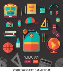 School workspace. Set of school icons in flat style with long shadows. Vector collection of high school object, college education items with educational elements. Back to school. Interests teenager