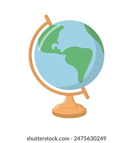 School world globe with stand. Continents and ocean model sphere. Education and travel element. Isolated on a white background
