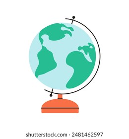 School world globe with stand. Continents and ocean model sphere. Vector illustration in flat style