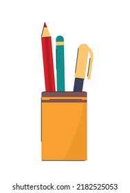 School writing tools. Social network sticker. Pen and multicolored pencils in cup, inventory of schoolchildren or students. International holiday of knowledge. Cartoon flat vector illustration