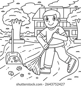 School Yard Boy Cleaning School Ground Coloring 