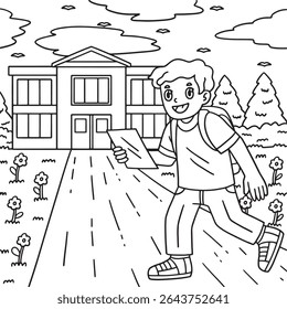 School Yard Boy Walking Towards School Coloring 