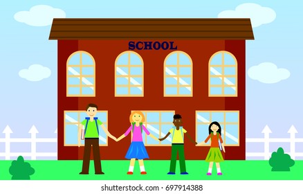  School yard with children from different countries. Flat style. Vector illustration