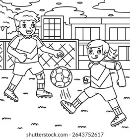 Página para colorear de niños de patio escolar que juegan al fútbol 