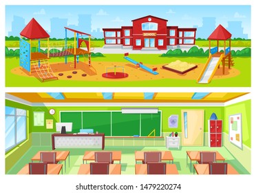 School yard and classroom vector, room interior and exterior of building. Carousel for kids and sandbox. Rows of desks for students 3d isometric style. Back to school concept. Flat cartoon