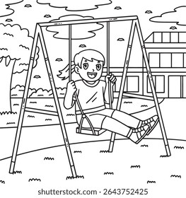 Chica del patio de la escuela en la página para colorear del columpio 