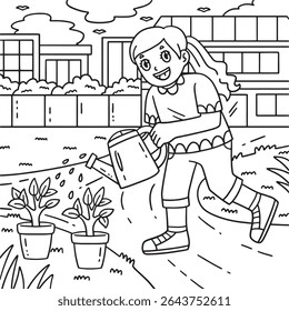 Escola Garota Quintal Regando Plantas Coloração Escola 